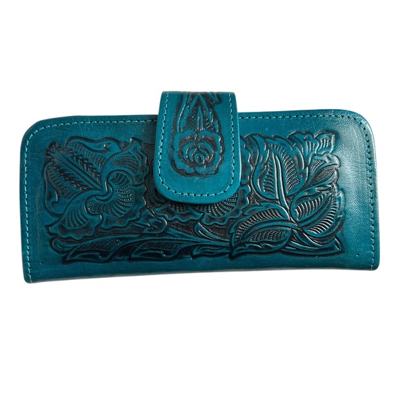 Saly Limon USA Handmade Teal Wallet Floral Tooled Vintage Bohemian Western Style - Picture 2 of 8